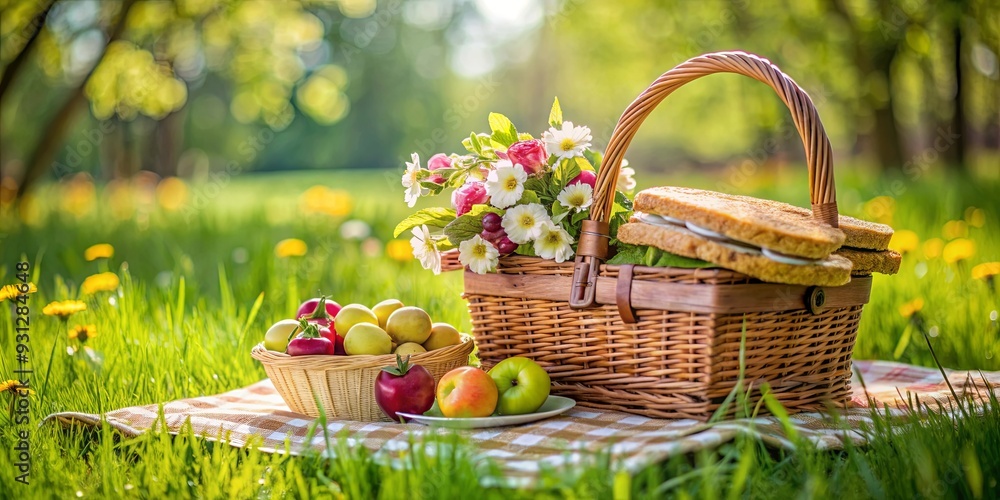 Spring picnic scene with a woven basket filled with sandwiches and fresh fruits Spring picnic scene with a woven basket filled with sandwiches and fresh fruits