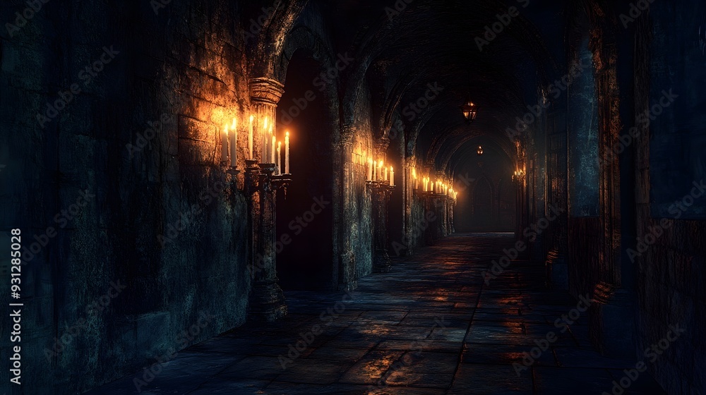 Dark Castle Corridor Lit by Candles and Lanterns Dark Castle Corridor Lit by Candles and Lanterns