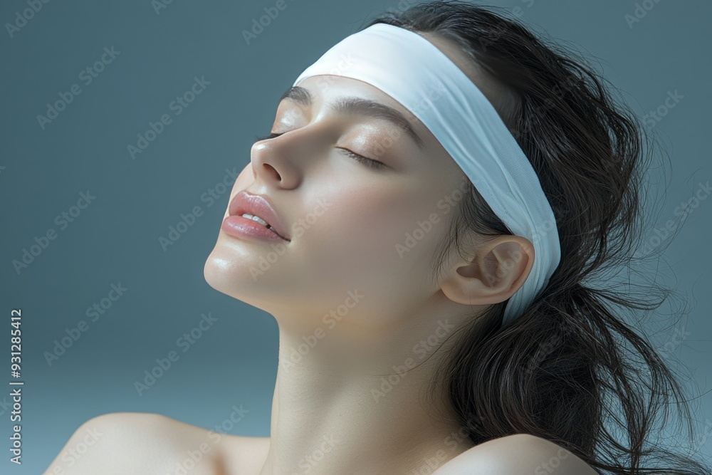 Serene young woman with closed eyes relaxing with a headband on embodying the peace and tranquility of personal wellness in a minimalistic soothing environment Serene young woman with closed eyes relaxing with a headband on embodying the peace and tranquility of personal wellness in a minimalistic soothing environment