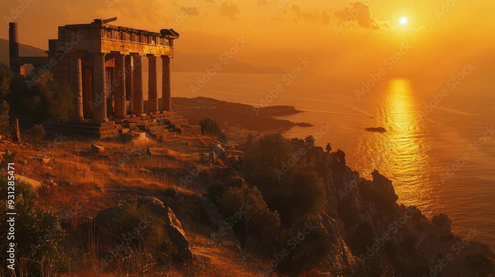 Scenic sunset view of the ancient temple of artemis perched on a hill overlooking the sea Scenic sunset view of the ancient temple of artemis perched on a hill overlooking the sea