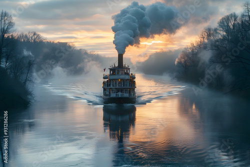 Majestic Steamboat Gliding Through Tranquil River Amidst Misty Sunset Scenery