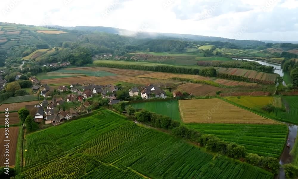 Aerial View of a Village in a Lush Green Valley Aerial View of a Village in a Lush Green Valley