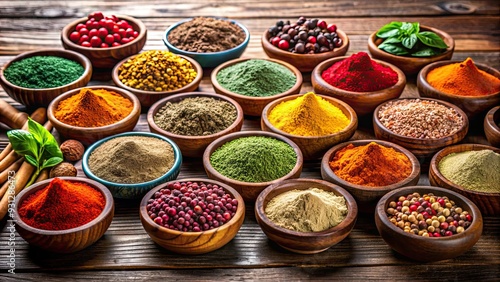 Colorful ground spices in wooden bowls, spices, wooden, bowls, vibrant, colorful, cooking, kitchen, food, cuisine