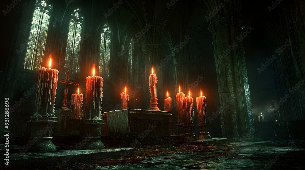 Dark Gothic Cathedral Interior with Candles Dark Gothic Cathedral Interior with Candles