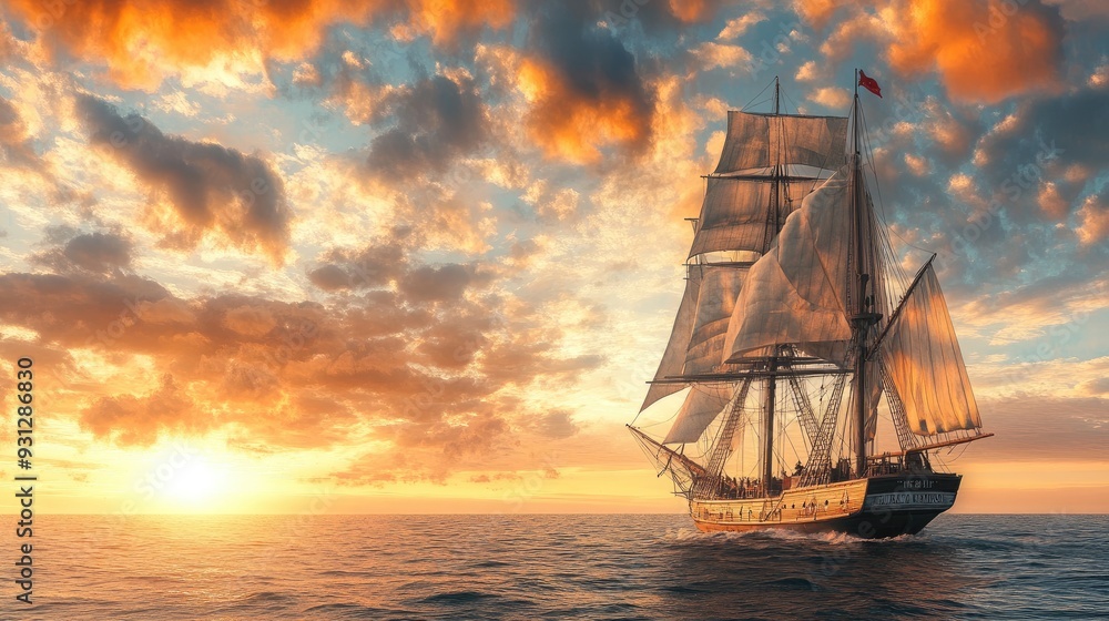 A ship sailing on a calm sea at sunset. Perfect for travel, adventure, and nautical themes. A ship sailing on a calm sea at sunset. Perfect for travel, adventure, and nautical themes.