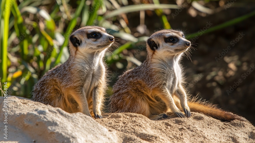 Two meerkats sit on a rock, alert and watchful, in a natural setting. Two meerkats sit on a rock, alert and watchful, in a natural setting.
