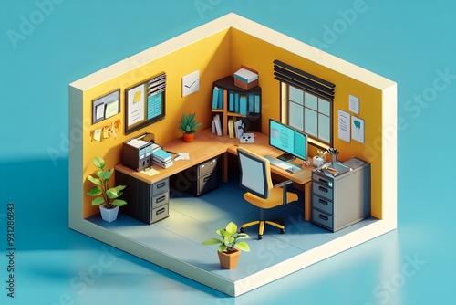 Wallpaper Mural Create a playful, isometric office room inside a cube, with detailed, cartoonish office items. Use vibrant colors and professional shading techniques to enhance the depth and dimension of the scene. Torontodigital.ca
