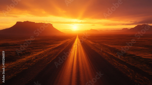 A lonely road stretches through the vast desert in Iceland, bathed in the warm glow of the setting sun. --ar 16:9 --v 6.1 Job ID: 68756255-e9f6-407f-8dc7-bab63a35f4fc