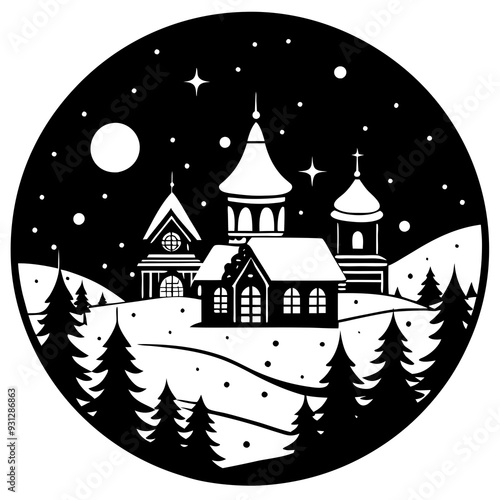 detailed night scene of a Russian village in winter 