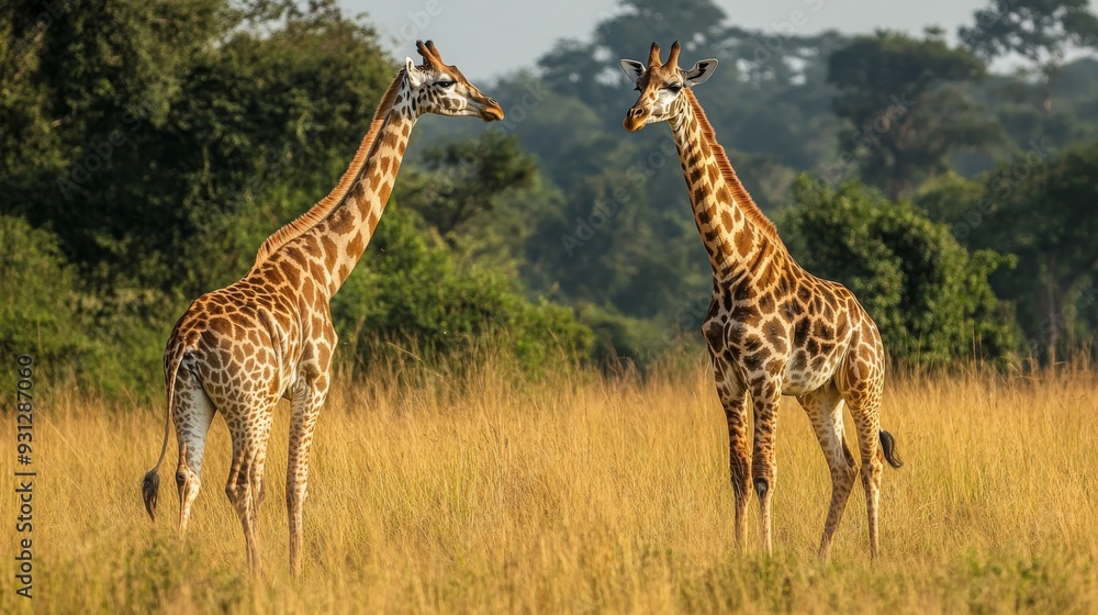 Obraz premium Two giraffes standing in tall grass, looking at each other in a field.