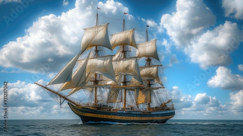 A large sailing ship glides through the ocean. This photo captures the beauty and majesty of a traditional sailing vessel.