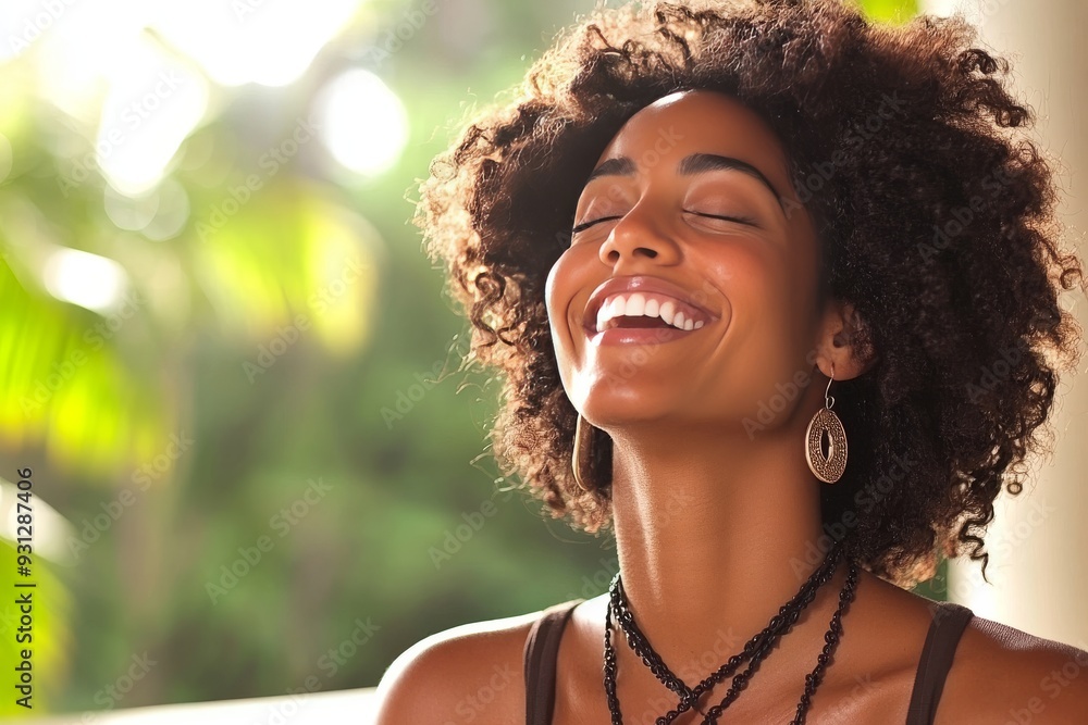 Happy young woman with afro hairstyle smiling broadly under the sun surrounded by lush greenery embodying joy freedom and connection with nature on a sunny day Happy young woman with afro hairstyle smiling broadly under the sun surrounded by lush greenery embodying joy freedom and connection with nature on a sunny day