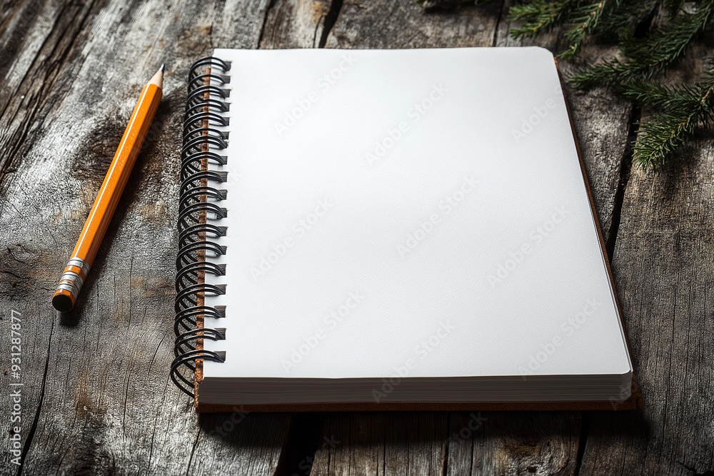 A spiral notebook with white pages and a pencil on a wooden table A spiral notebook with white pages and a pencil on a wooden table