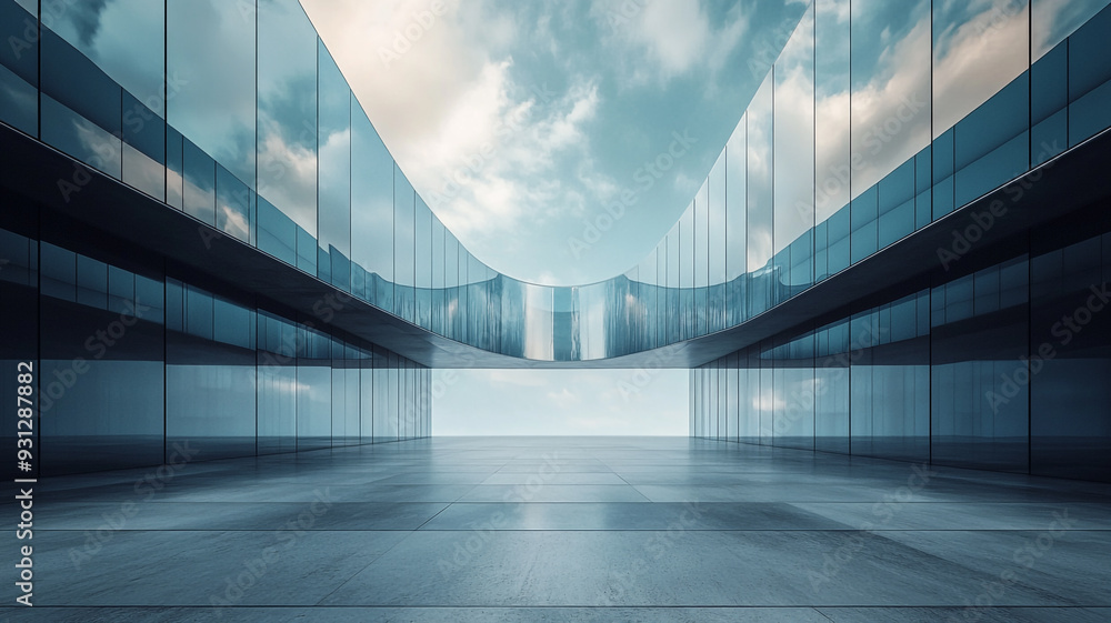 Modern architectural design with a reflective glass structure under a blue sky Modern architectural design with a reflective glass structure under a blue sky