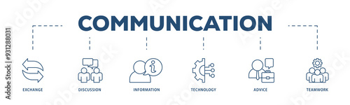 Communication icons process structure web banner illustration of exchange, discussion, information, technology, advice, and teamwork icon png transparent background.