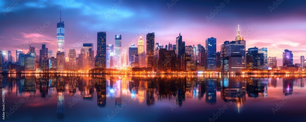 Fototapeta premium City skyline at dusk with glowing lights reflecting in the water