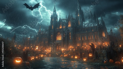 Gothic cathedral with jack-o'-lanterns and lightning