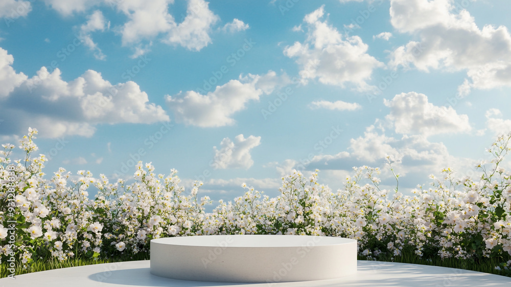 A serene outdoor space with a circular platform surrounded by blooming flowers under a bright blue sky A serene outdoor space with a circular platform surrounded by blooming flowers under a bright blue sky