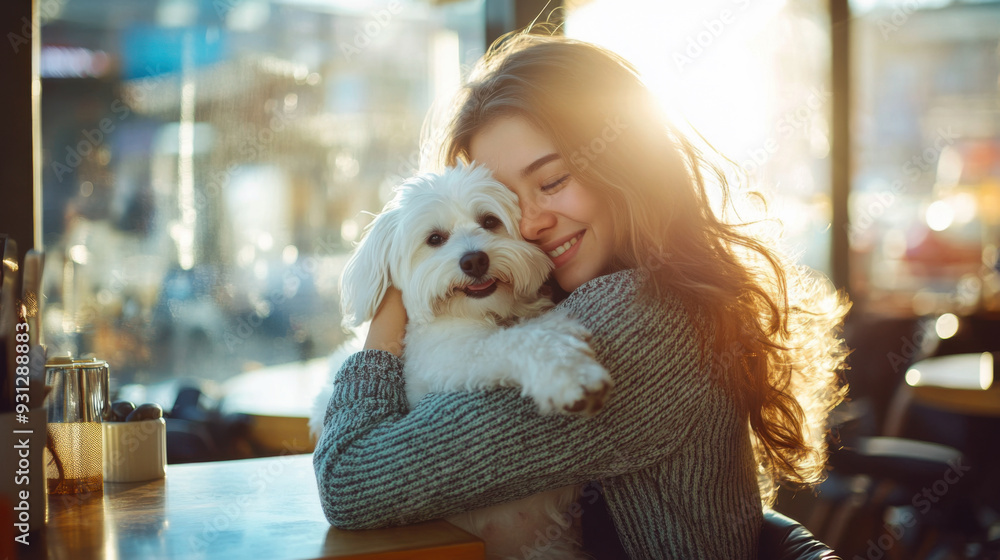 Joyful woman holding her fluffy white dog in a trendy cafe, both enjoying a quiet moment Joyful woman holding her fluffy white dog in a trendy cafe, both enjoying a quiet moment