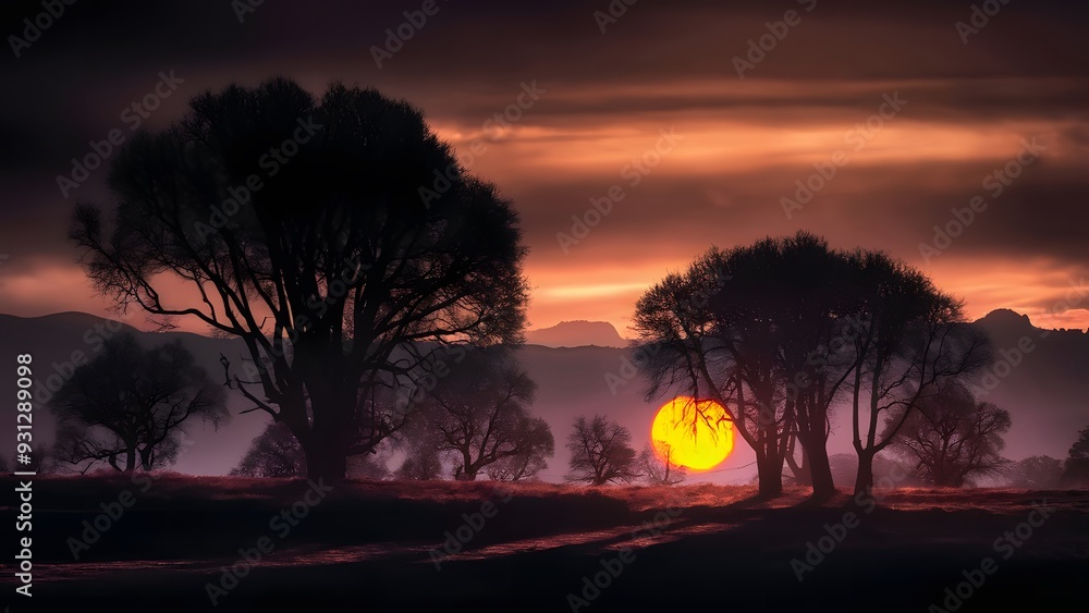 Sunset and Silhouettes of Trees in the Mountains, generative AI Sunset and Silhouettes of Trees in the Mountains, generative AI