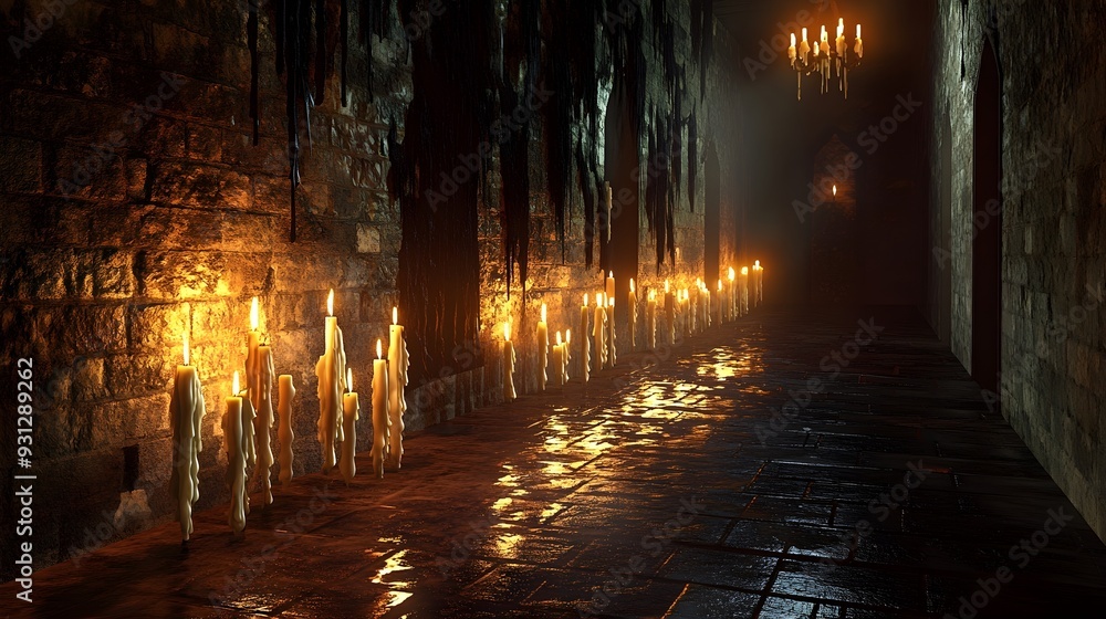 Dark Stone Corridor Lit by Candles and a Chandelier Dark Stone Corridor Lit by Candles and a Chandelier