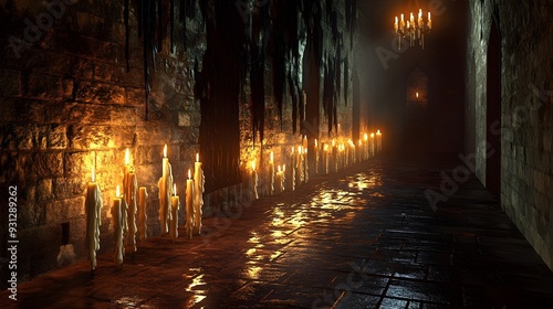 Dark Stone Corridor Lit by Candles and a Chandelier