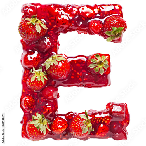 The letter 'E' made with strawberry jam isolated on a white transparent background photo