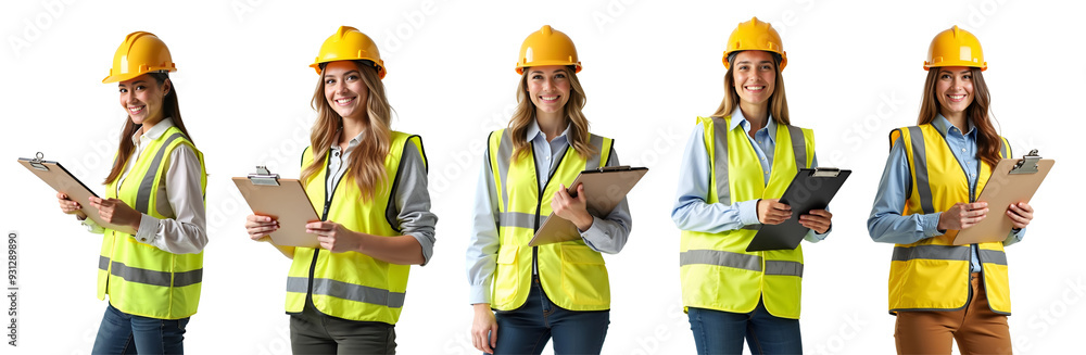 Happy woman engineer worker working with holding clipboard on white background. Female technician wear safety helmet, uniform checking and working Happy woman engineer worker working with holding clipboard on white background. Female technician wear safety helmet, uniform checking and working