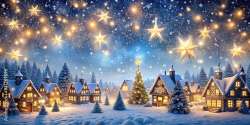 Winter Christmas village with gently falling snowflakes and twinkling lights , Winter, Christmas, village, snowflakes, lights