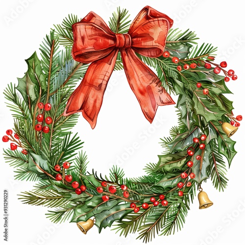 Festive watercolor Christmas wreath adorned with lush holly leaves, red berries, fir branches, golden bells, and a large red bow. Set against a white background