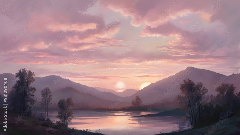 Obraz premium Sunset and Silhouettes of Trees in the Mountains, generative AI