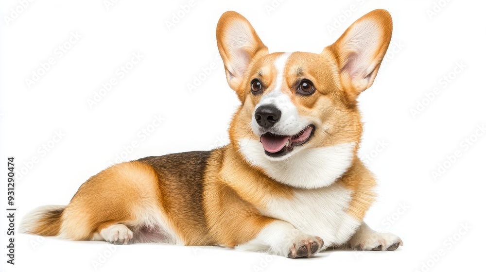 A fluffy red and white welsh corgi with big ears and a happy expression lies on a white background. A fluffy red and white welsh corgi with big ears and a happy expression lies on a white background.