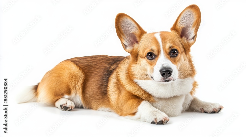 A brown and white corgi dog laying down on a white background with its paws on the ground and looking at the camera. A brown and white corgi dog laying down on a white background with its paws on the ground and looking at the camera.