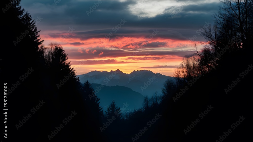 Sunset and Silhouettes of Trees in the Mountains, generative AI Sunset and Silhouettes of Trees in the Mountains, generative AI