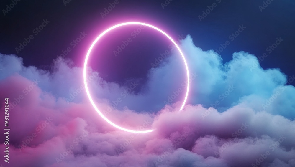 Abstract clouds illuminated with a neon light ring on a dark background