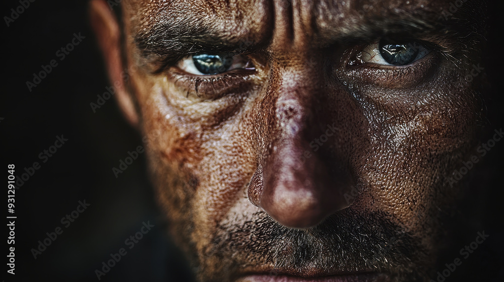 Obraz premium A close up portrait of rugged man with intense eyes, conveying determination and resilience. His face is marked with dirt and sweat, reflecting hard life.
