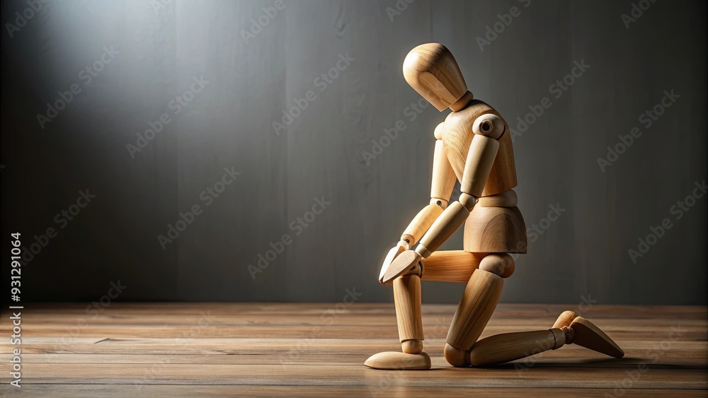 Holzpuppe kniet auf dem Boden und symbolisiert Verzweiflung und Trauer, Holzpuppe, knien, Boden, traurig Holzpuppe kniet auf dem Boden und symbolisiert Verzweiflung und Trauer, Holzpuppe, knien, Boden, traurig