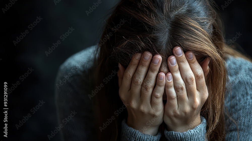 A woman expresses deep sadness while covering her face with her hands. Her emotional state is evident in way she holds her head down. A woman expresses deep sadness while covering her face with her hands. Her emotional state is evident in way she holds her head down.