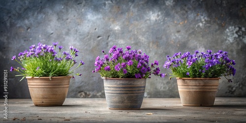 Small purple flowers in gray ceramic pots on stone background Rustic style, purple, flowers, small, gray, ceramic pots, stone