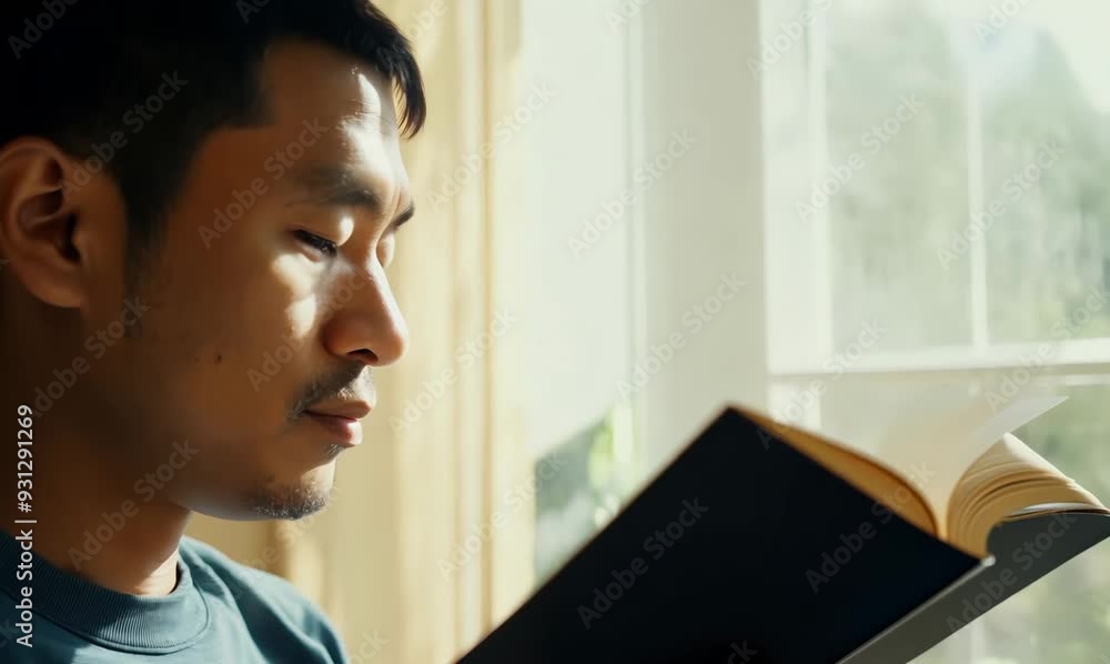 Indonesian Man Silently Reading in Cozy Living Room