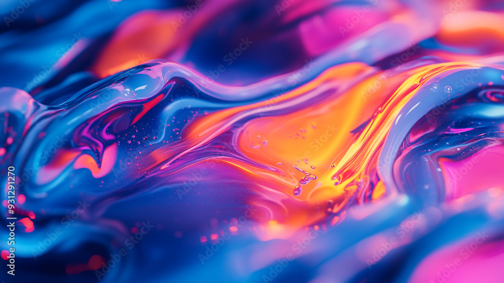 Obraz premium Colorful abstract patterns of flowing liquid with vibrant hues of blue, purple, and orange illuminated by soft light