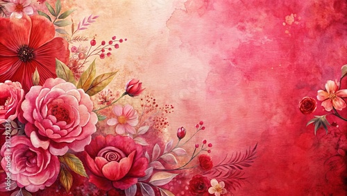 Sumptuously textured floral ink art frame in vibrant red and pink tones