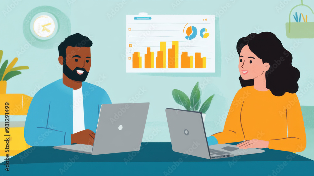 Male consultant working with a female financial analyst, sharing data insights Male consultant working with a female financial analyst, sharing data insights