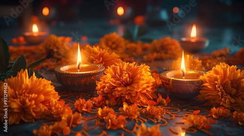 Traditional Indian Home Décor: Marigold Garland, Rangoli, and Candlelit Ceremony for Diwali photo