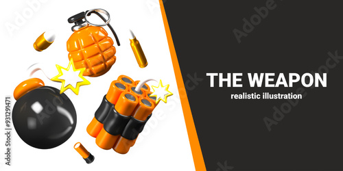 Set of ammunition and explosives on white background