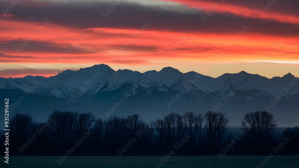 Sunset and Silhouettes of Trees in the Mountains, generative AI Sunset and Silhouettes of Trees in the Mountains, generative AI