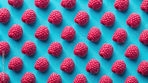 Raspberry pattern on blue background, top view , ripe, red, raspberry, blue, background, vegan, food, detox, summer, fresh photo