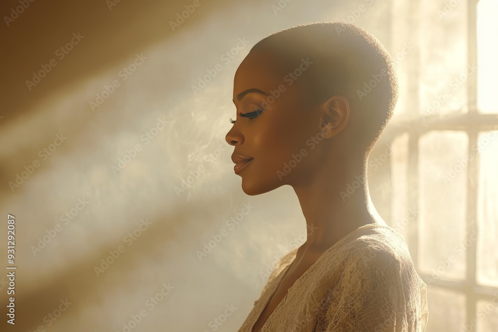 Contemplative woman standing in soft sunlight gazing out a window with ...