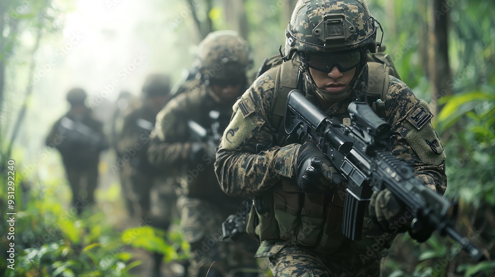 Military Unit in Camouflage Marching Through Dense Forest with Weapons at Ready, Generative Ai Military Unit in Camouflage Marching Through Dense Forest with Weapons at Ready, Generative Ai