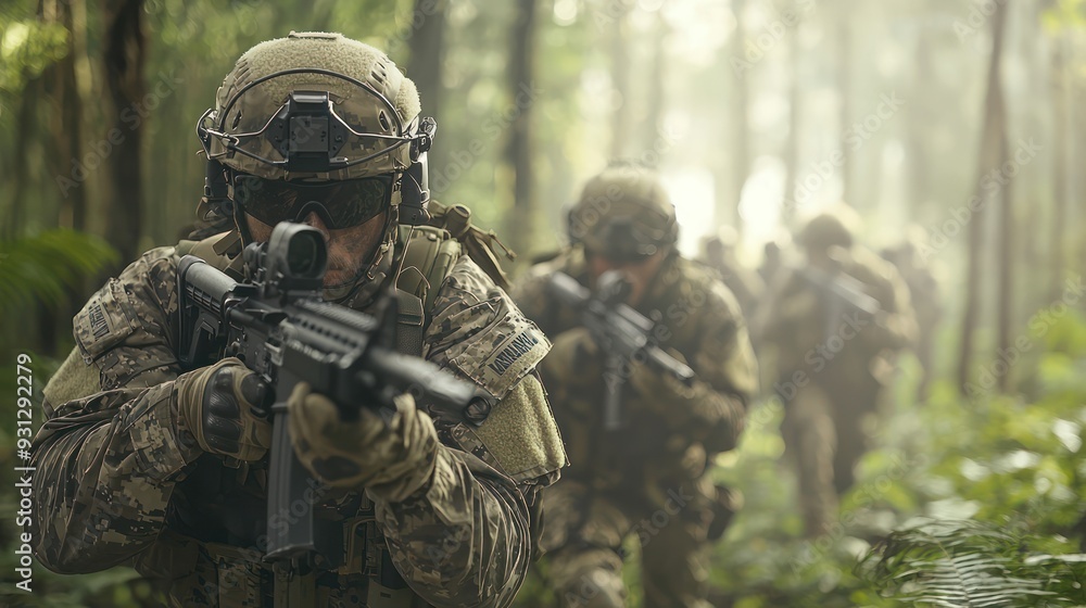Military Patrol in Camouflage Marching Through Dense Forest with Weapons Ready, Generative Ai Military Patrol in Camouflage Marching Through Dense Forest with Weapons Ready, Generative Ai